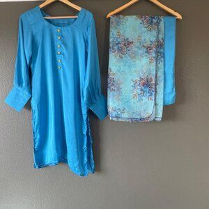 Elegant Blue Kurta & trouser with Floral Dupatta